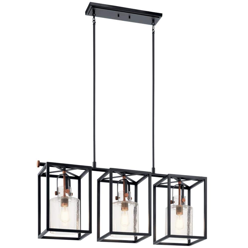 Black Steel Cage 3-Light Linear Chandelier with Clear Seeded Glass