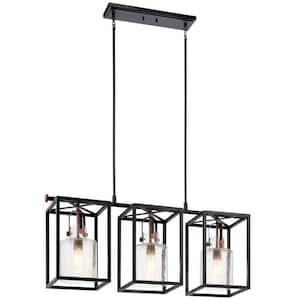 Kitner 3-Light Black Vintage Industrial Dining Room Linear Cage Chandelier with Clear Seeded Glass Shade