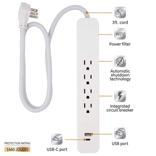 GE 4-Outlet 1 USB-A 1 USB-C Surge Protector with 3 ft. Braided Cord, White  41354 - The Home Depot