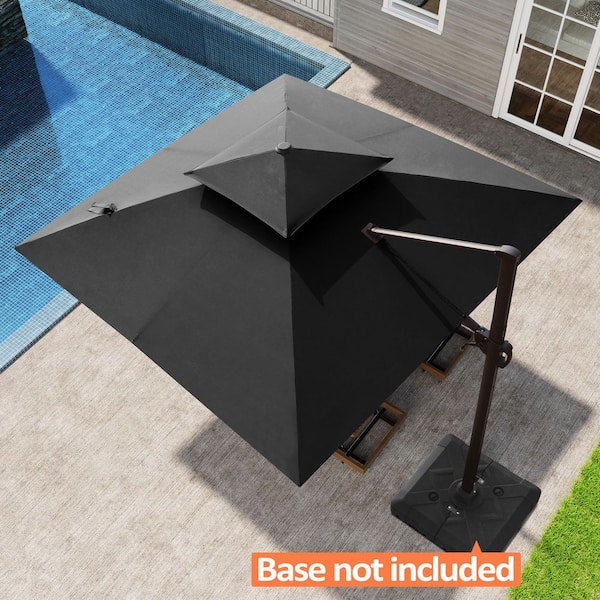 12 foot patio table umbrella VOUA 12-ft Aluminum Beige Crank Cantilever Patio Umbrella with Base