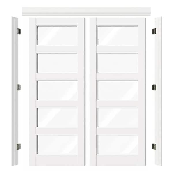 60 in. x 80 in. 5-Lite Clear Glass White Primed Pine Wood Universal Pre-hung French Door with Quick Assemble Jamb