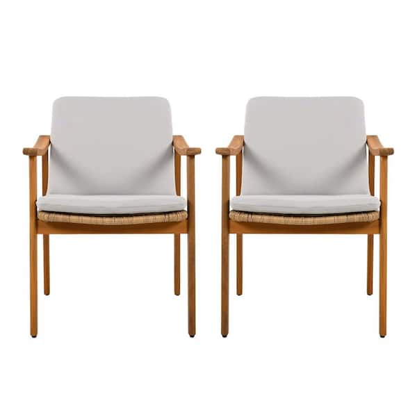 Brown PE Wicker Outdoor Dining Chair with Grey Cushion (2-Pack)