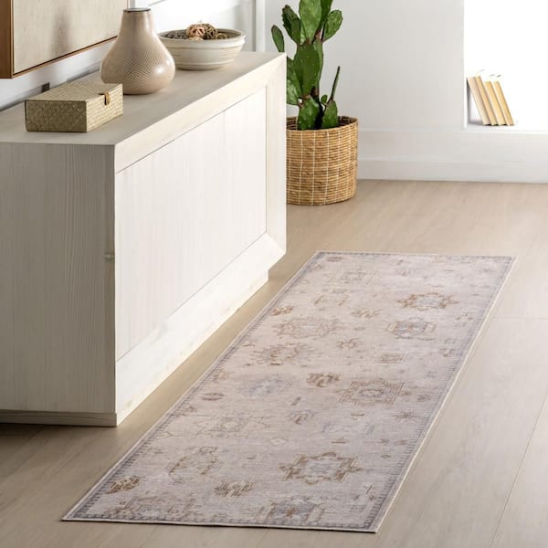 Brenda Hazy Heraldry Spill Proof Washable Beige 2.6 ft. x 10 ft. Indoor Area Rug