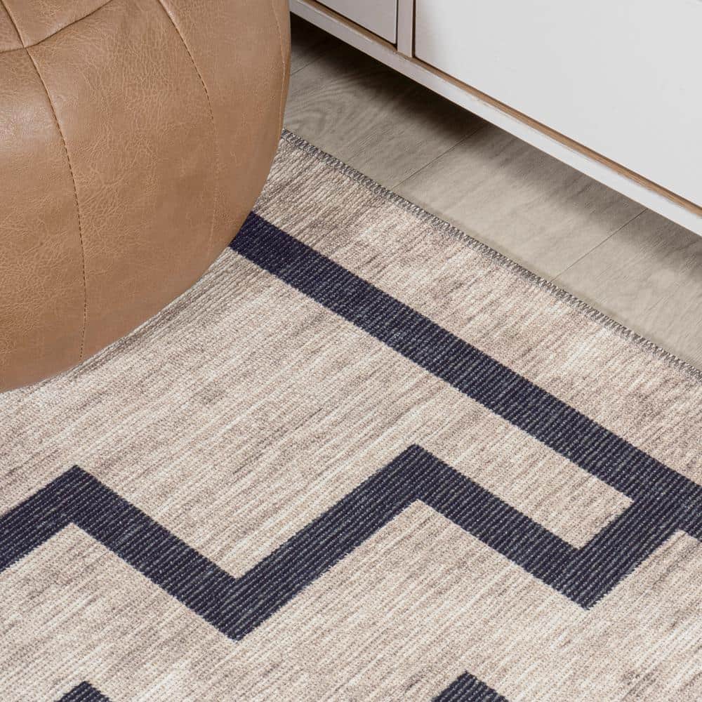 Ivory and Dark Gray Geometric Synthetic 2x8 Runner Rug