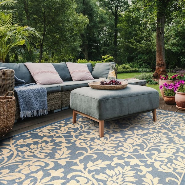 Courtyard Blue/Natural 9 ft. x 12 ft. Floral Indoor/Outdoor Patio  Area Rug
