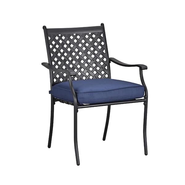 Metal Outdoor Dining Chair with Blue Cushion (4-Pack)