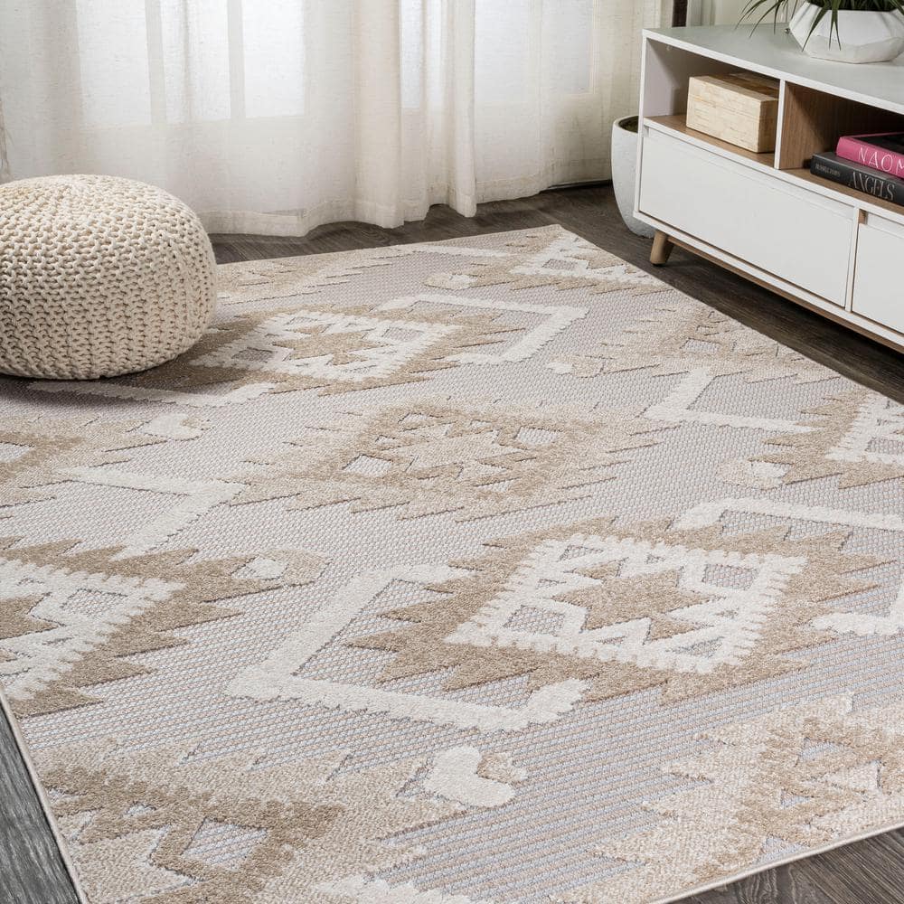 Sumak High-Low Pile Beige and Gray Geometric Area Rug