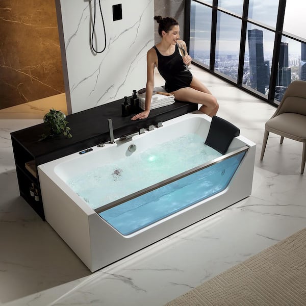 71 in. x 30 in. Whirlpool Bathtub Rectangular Jetted SPA Bath Tub with Center Drain-Brushed Nickel Tub filler in White