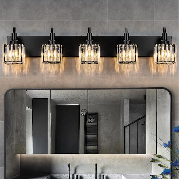 Orillia 35.4 in. 5-Light Modern Black Bathroom Vanity Light with Crystal Shades