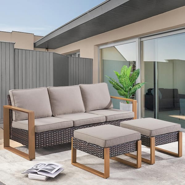 moosprr 3-Piece Brown Wicker Outdoor Couch Patio Conversation Set with Olefin Gray Cushions and Ottomans