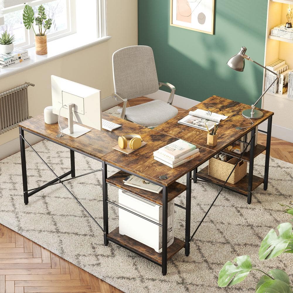 Bestier 95 In. Rustic Brown L-Shaped Computer Desk With Storage Shelves ...