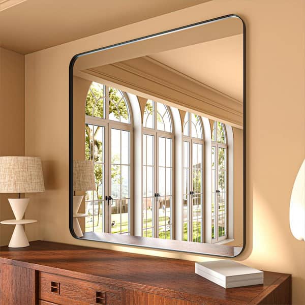 48 in. W x 36 in. H Rectangular Aluminum Framed Modern Black Rounded Wall Mirror