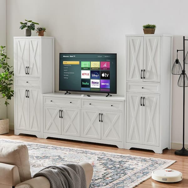 Farmhouse Collection White Wood 108.7 in. Sideboard Set with Drawer and Adjustable Shelves, (Set of 3)