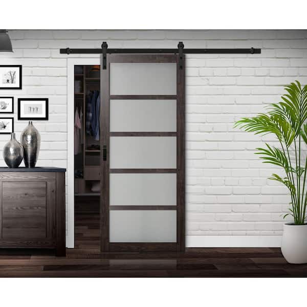 36 in. x 84 in. Iron Age Gray MDF Frosted Glass 5 Lite Design Sliding Barn Door with Rustic Hardware Kit