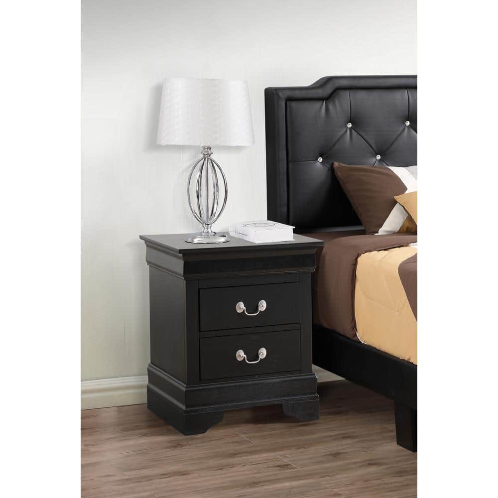 Louis Philippe 2-Drawer Black Nightstand (24 in. H x 21 in. W x 16 in. D)