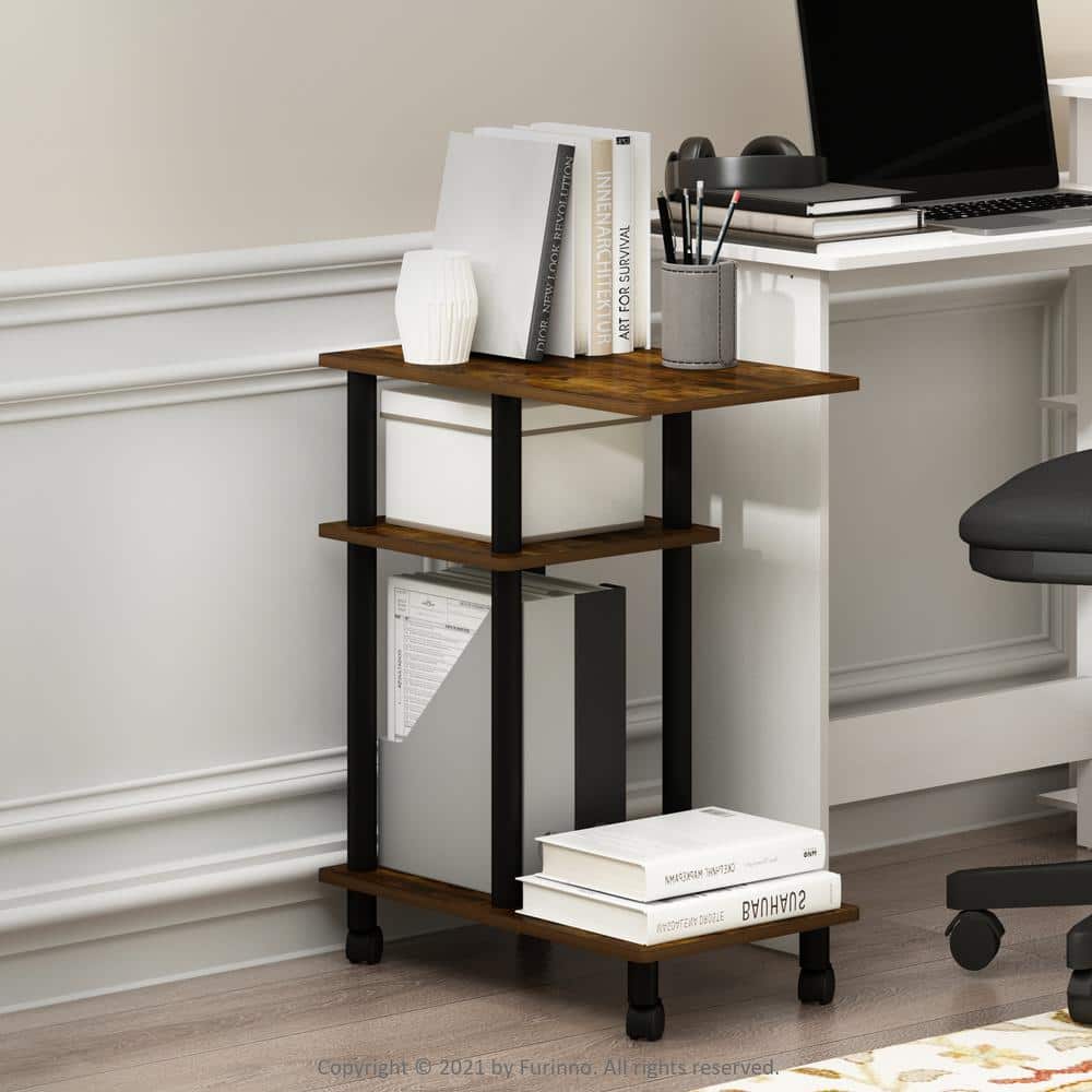 Amber Pine & Black Engineered Wood U-Shaped Side Table on Casters