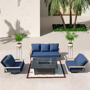 Manbo 4-Piece Wicker Patio Fire Pit Seating Set with Acrylic Spectrum Indigo Cushions and Rectangular Fire Pit Table