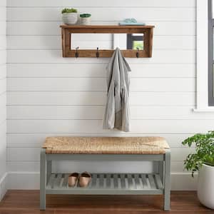 10.47 in. H x 30 in. W x 5.9 in. D Natural Wood Floating Decorative Wall Shelf with Mirror and Hooks