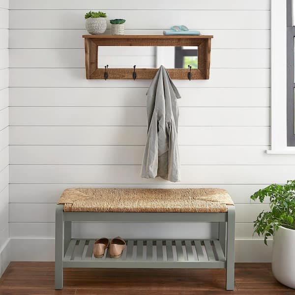 StyleWell 10.47 in. H x 30 in. W x 5.9 in. D Natural Wood Floating Decorative Wall Shelf with Mirror and Hooks