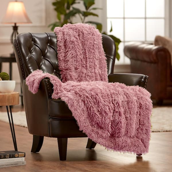 CHANASYA Solid Powder Pink Shaggy Faux Long Fur Polyester Throw Blanket-50 in. x 65 in.
