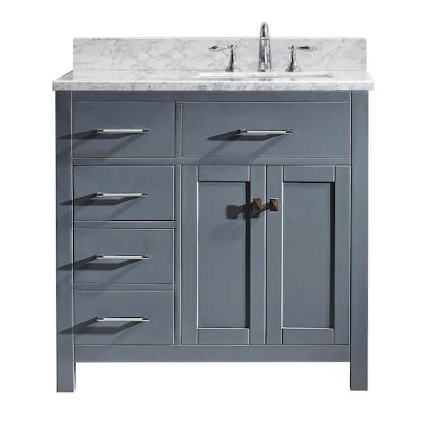 Virtu USA Caroline Parkway 36 in. W Bath Vanity in Gray with Marble Vanity Top in White with Square Basin