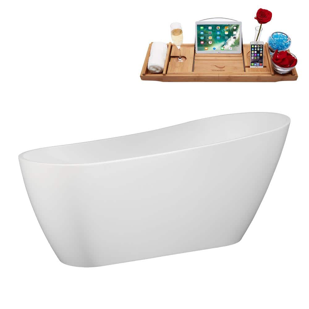 67" Glossy White Acrylic Freestanding Soaking Bathtub with Bamboo Tray