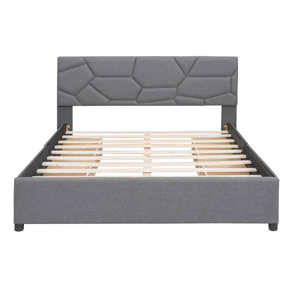 URTR Gray Linen Upholstered Wood Frame Queen Size Platform Bed with ...
