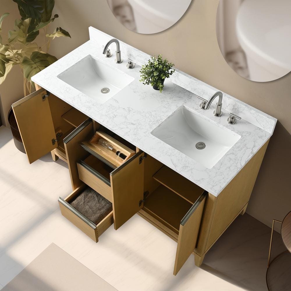 60" Natural Oak Double Sink Bathroom Vanity with Engineered Marble Top