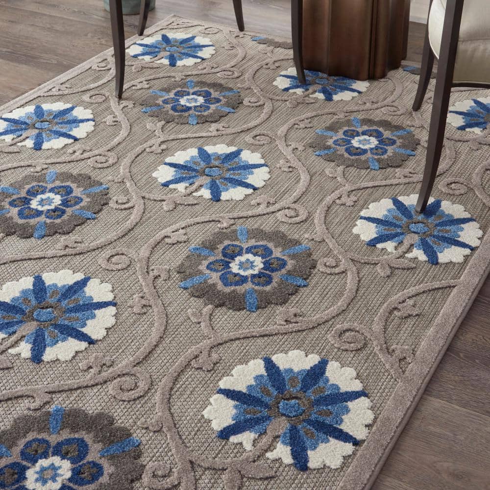 Blue and Grey Floral Synthetic 6' x 9' Reversible Rug
