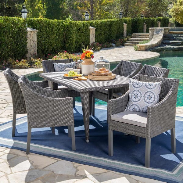 Noble House Alameda 29 in. Grey 7-Piece Metal Rectangular Outdoor ...