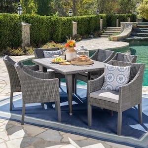 Alameda 29 in. Grey 7-Piece Metal Rectangular Outdoor Dining Set with Silver Cushions