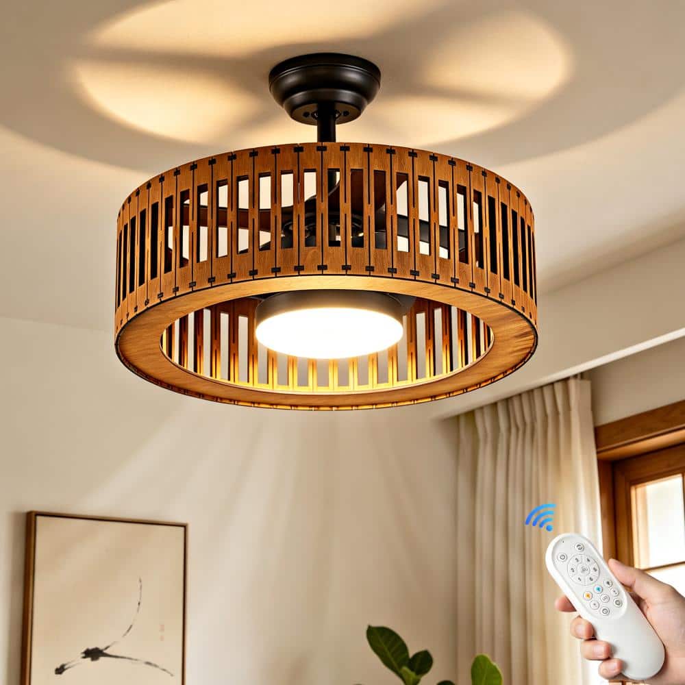 "Wood Caged Ceiling Fan with Light, 19.68"" Farmhouse Drum Fandelier, Reversible Motor & Remote for Bedroom Kitchen" price history on PriceWatchPro
