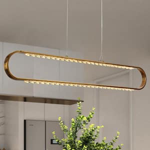 Bourosim Modern 39.4 in. 2-Light Integrated LED Plated Brass Linear Chandelier with Glam Crystal Accent Island Pendant