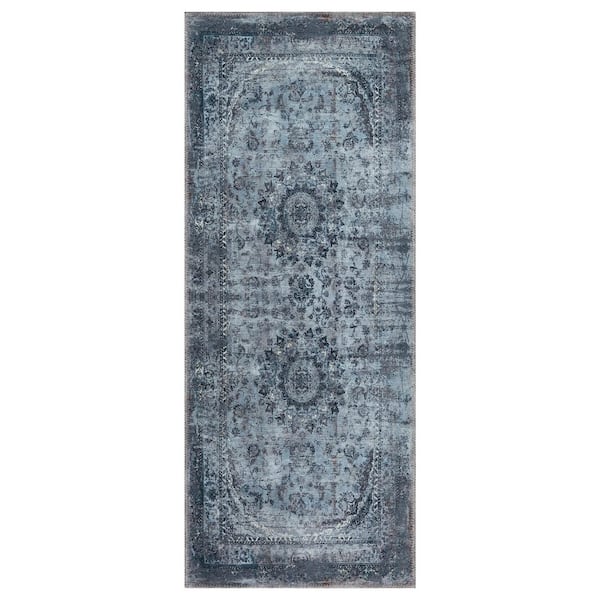 Ottomanson Non Shedding Washable Wrinkle-free Flatweave Medallion 2x5 Indoor Living Room Runner Rug, 20 in. x 59 in.,Bluish Gray