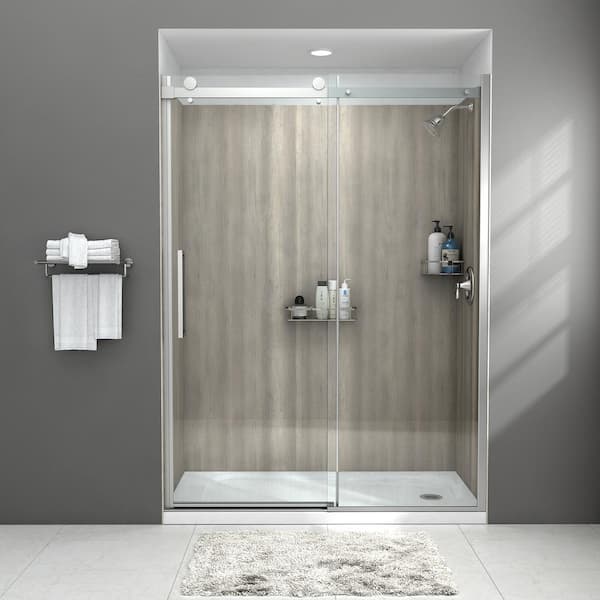 Passage 60 in. x 72 in. 3-Piece Glue-Up Alcove Shower Wall, Door and Base Kit with Right Drain in Pewter Travertine