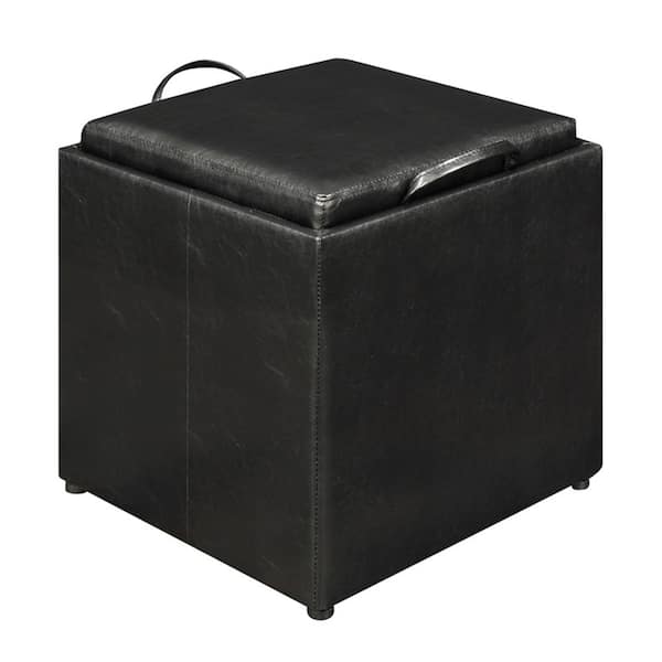 Convenience Concepts Designs4Comfort Park Avenue Black Faux Leather Storage Ottoman with Stool and Reversible Tray