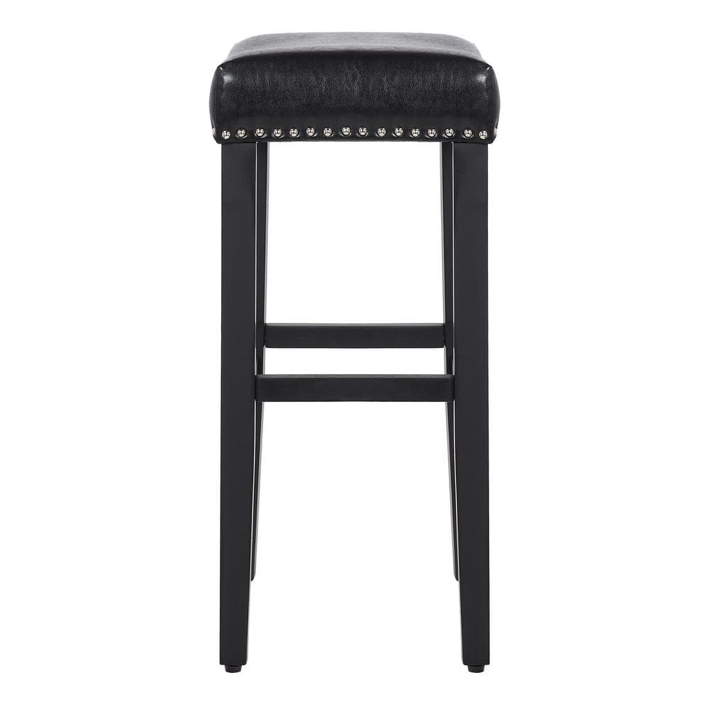 29" Black Leather Upholstered Saddle Bar Stool with Chrome Accents
