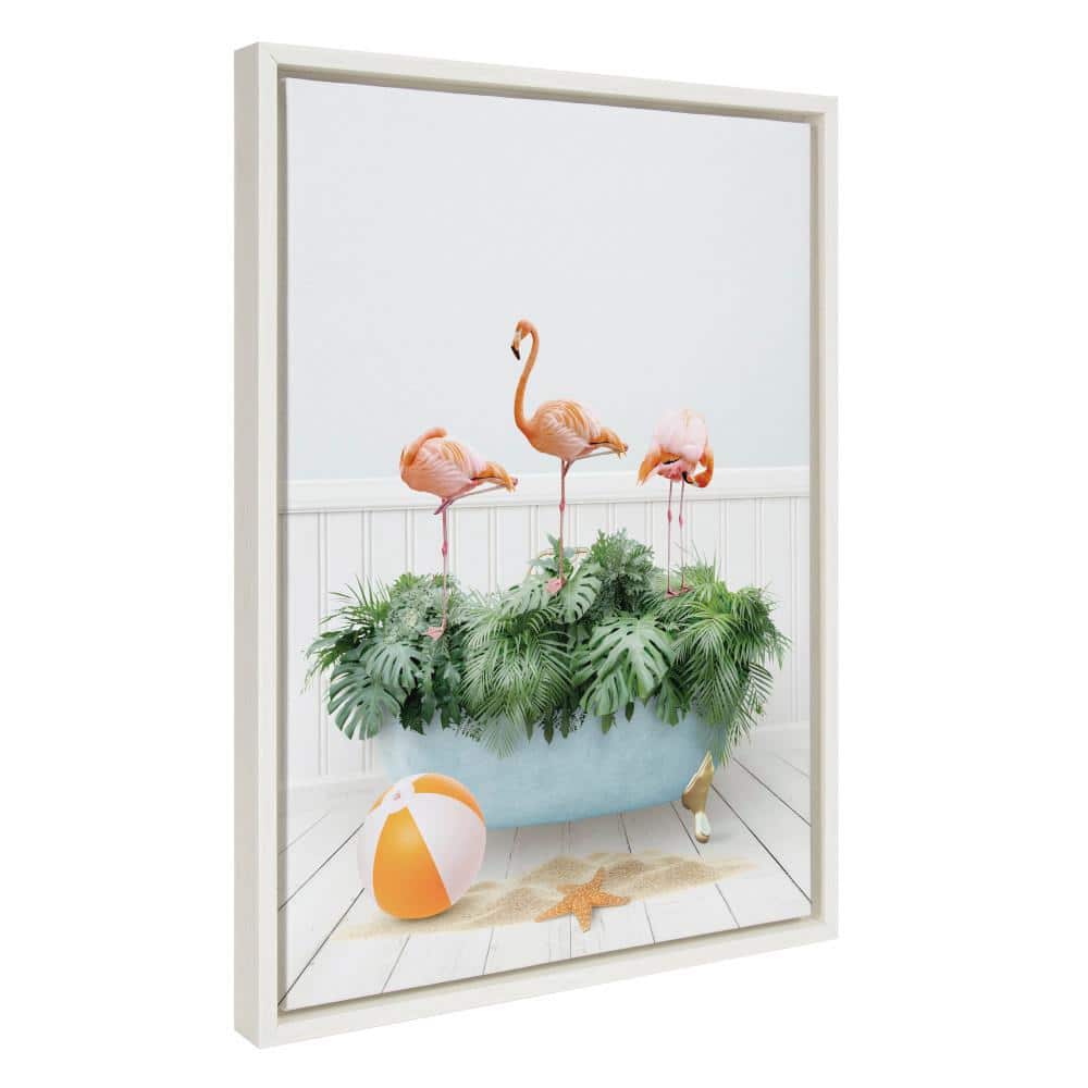 White Canvas Three Flamingos Beach House Bath Art Print