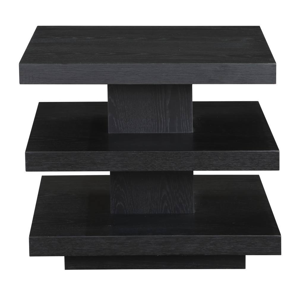 Black Square Pedestal End Table with Oak Veneers