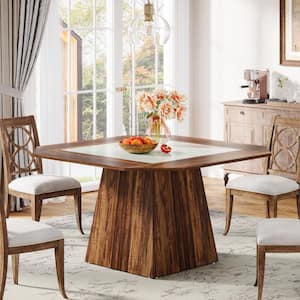 Halseey Brown White Square Wood Kitchen 47 in. Pedestal Dining Table Large Dinner Table Dining Room Desk for 4-6