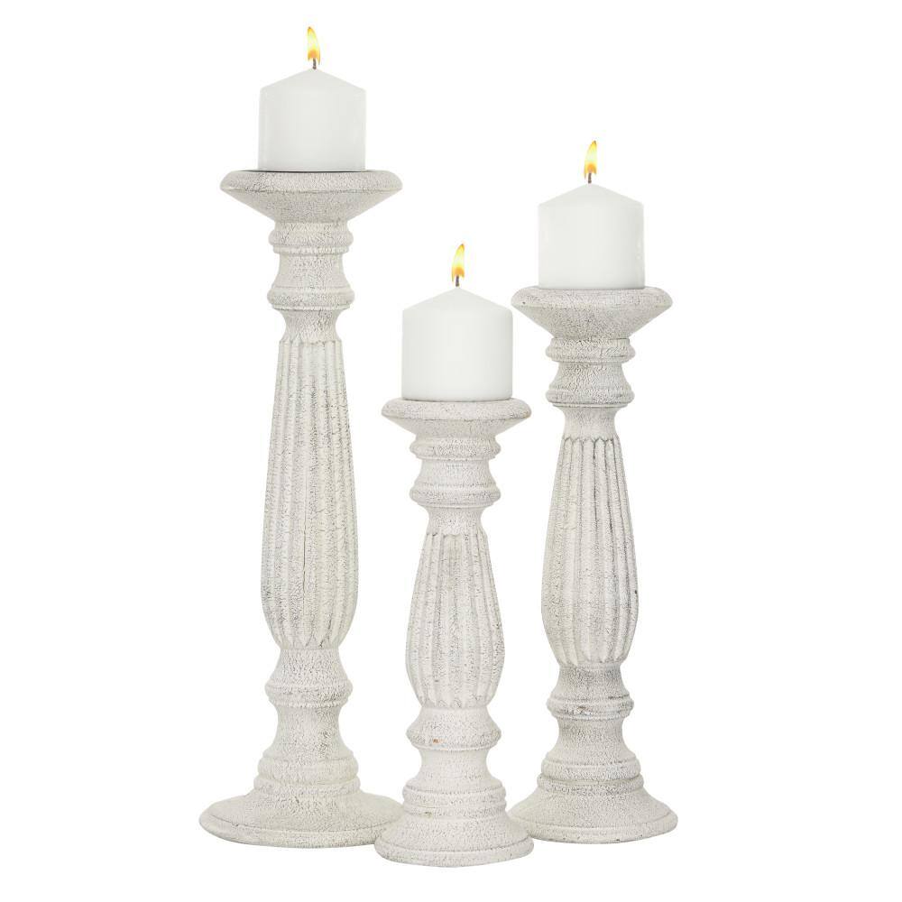 Elegant White Mango Wood Pillar Candle Holders, Set of 3