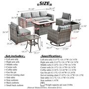 Crater Grey 9-Piece Wicker Wide Arm Patio Conversation Sofa Set with a Rectangle Fire Pit and Striped Grey Cushions