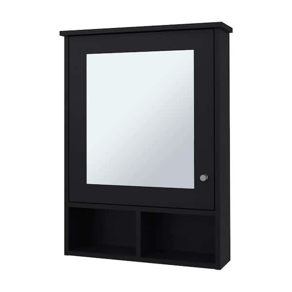 29 in. W x 20.90 in. D x 6.60 in. H Bathroom Storage Wall Cabinet with Door and Mirror in Black