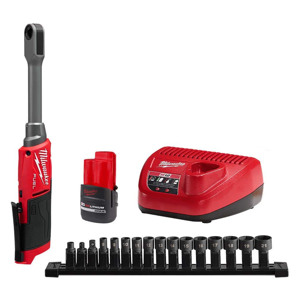 Milwaukee M12 FUEL INSIDER 12V Lithium-Ion Brushless Cordless 1/4 in. - 3/8 in. Extended Reach Box Ratchet Kit w/ Battery, Charger -  3050-21