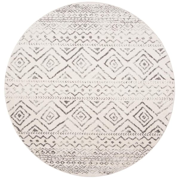 Tulum 11 ft. x 11 ft. Round Ivory/Gray Striped Geometric Diamonds Area Rug