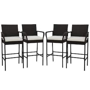 PE Wicker Patio Outdoor Bar Stool Counter Height Barstools with Armrests and Off White Cushions (4-Pieces)