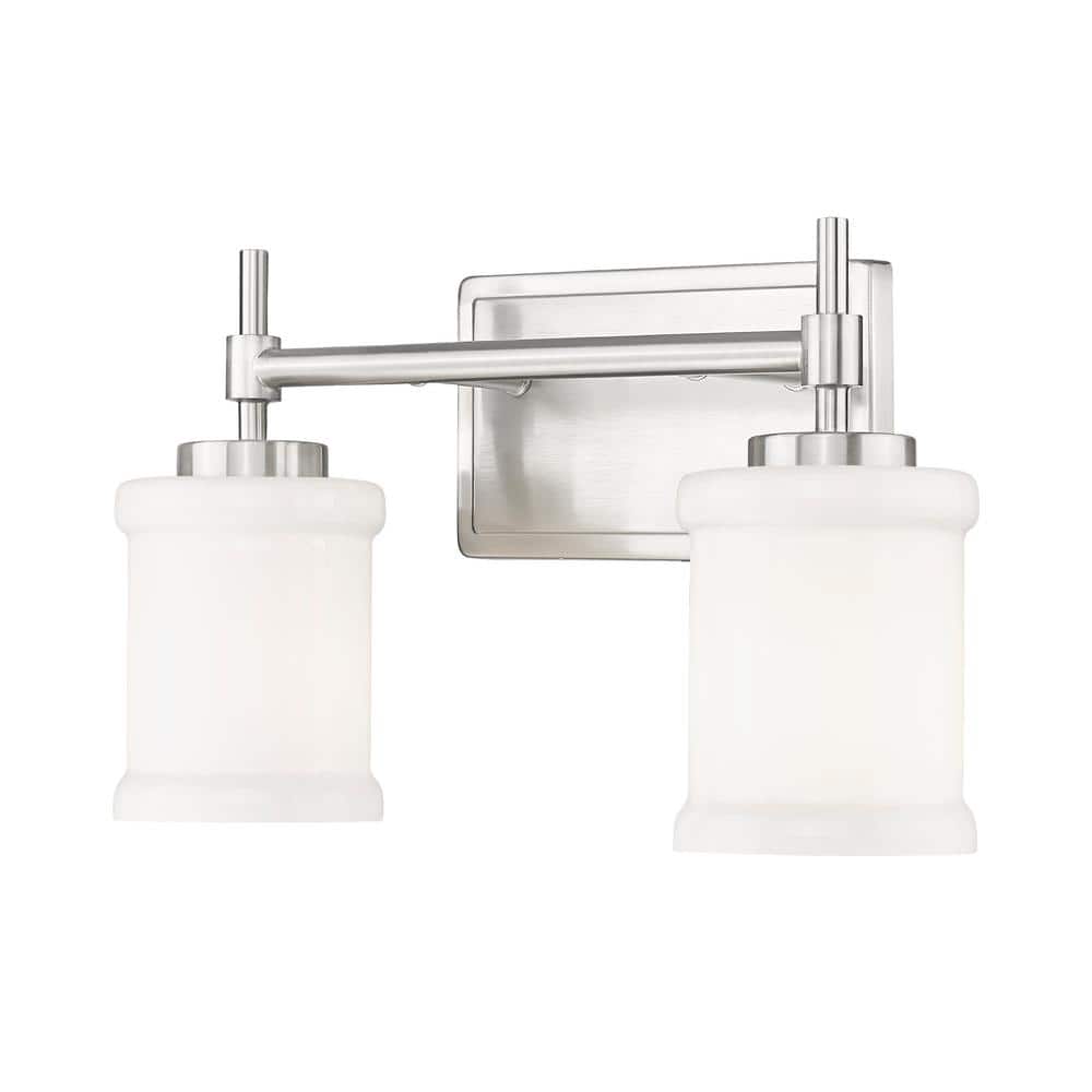 Cadoc 15 in. 2-Light Brushed Nickel Vanity-Light with Gloss Opal Glass Shad