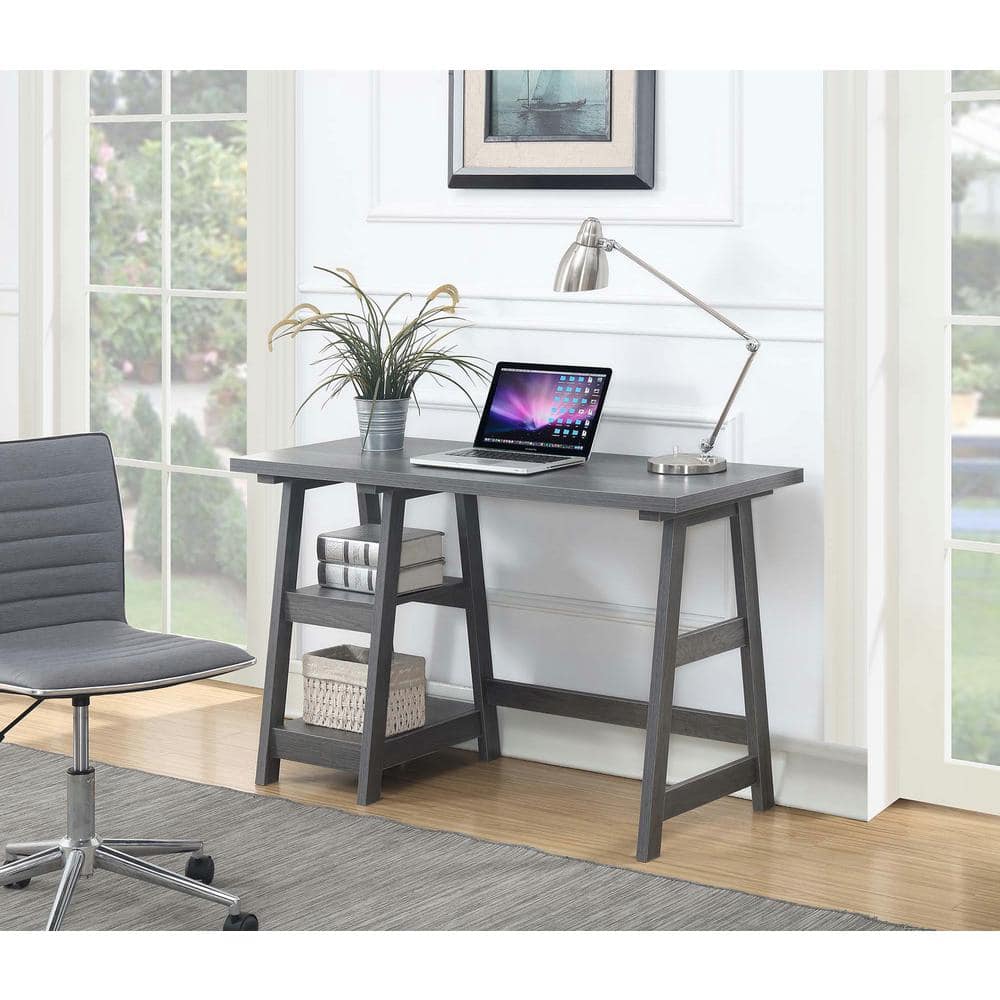Charcoal Gray 47" Wood Trestle Desk with Shelves