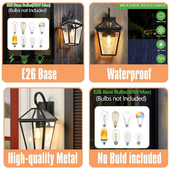 2-Pack Black Outdoor Wall Lanterns, Weatherproof Wall Sconce with Clear Glass Panels, Vintage Exterior Light, No Bulb