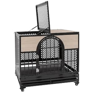42 in. Heavy-Duty Dog Crate Furniture with 360° Lockable Wheels Removable Tray Metal Dog Kennel Dog Cage in Gray